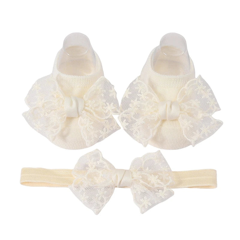 Baby Girls Socks Headband Sets Spring Autumn Knit Lace Bow Princess Socks for Party, Wedding, Baby Shower