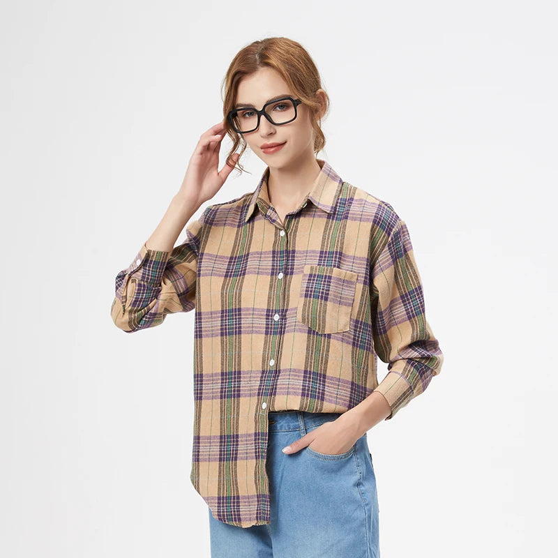 Casual Women's Plaid Shirt 2025 Spring Autumn New Ladies Loose Blouse and Tops Female Long Sleeve Shirts Fresh Checked Clothes