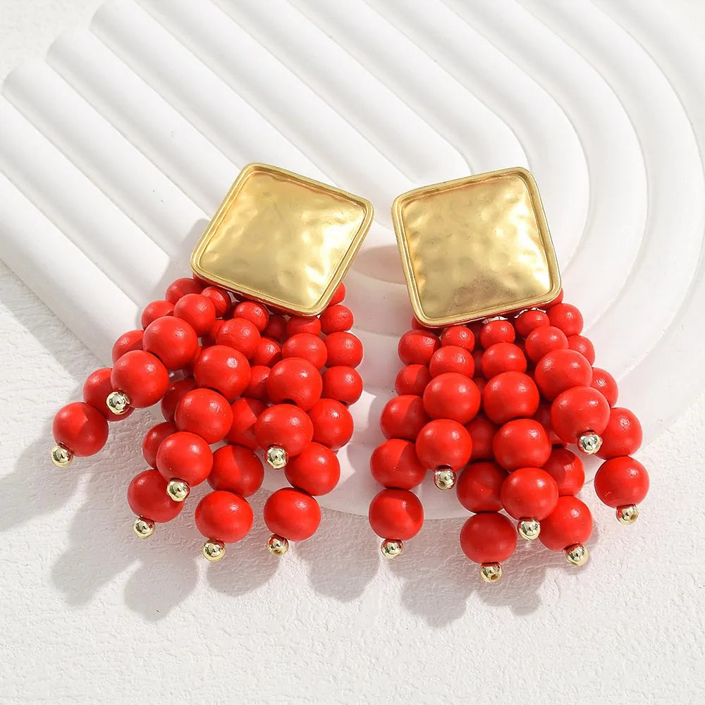 Vintage Handmade Wooden Drop Dangle Earrings Maxi Beaded Bohemian Statement Wedding Jewelry For Women brincos