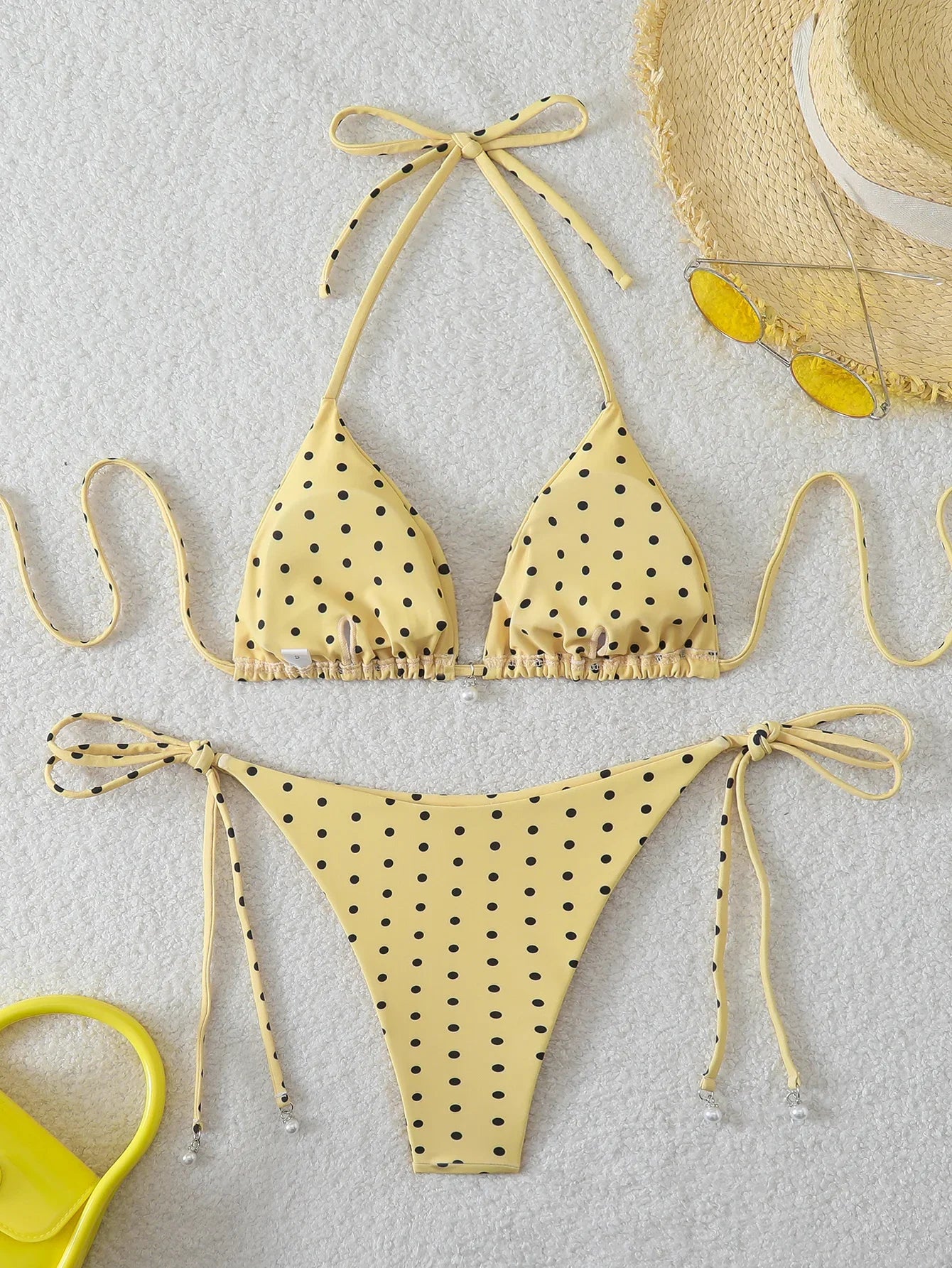 Women's Sexy Polka Dot Halter Bikini Set Lace-Up Low Waist Two-Piece Triangle Thong Swimwear Tie On Side Brazilian Biquinis