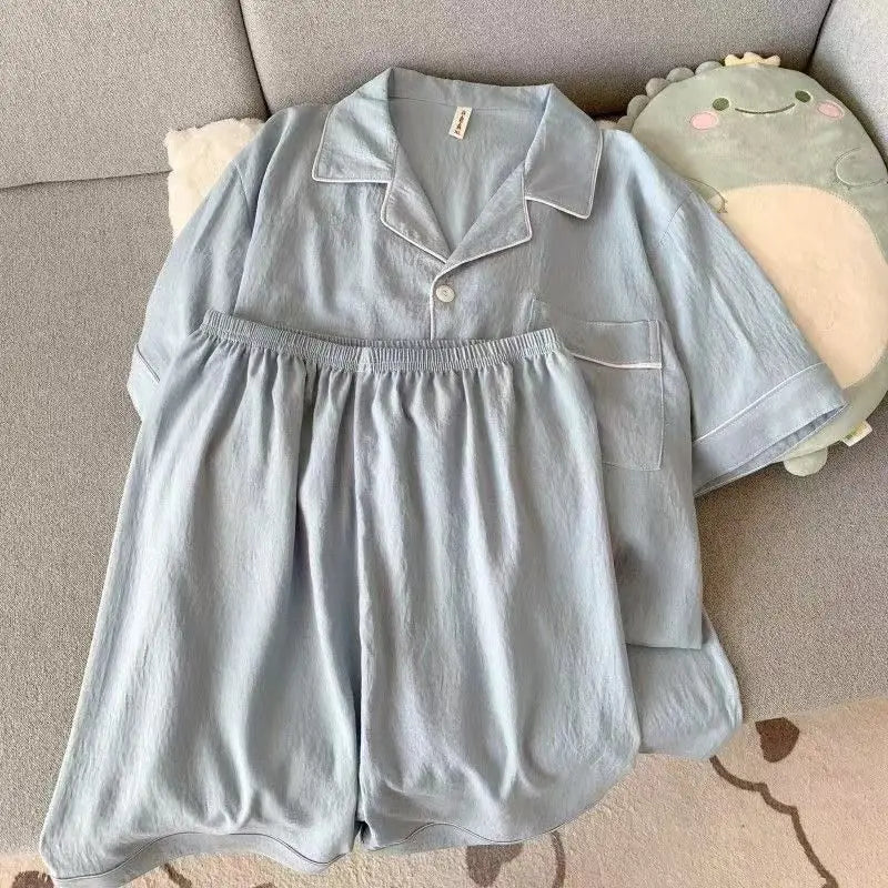 Youth Men's Slim Fit New Pajama Set Solid Color Short Sleeve Lapel Top and Elastic Shorts Pajamas Summer Loungewear Sleepwear