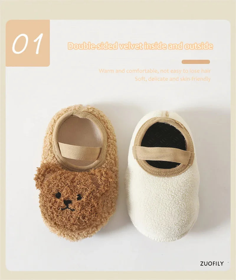 Cartoon Bear Baby Shoes Winter Thick Warm Newborn Shoes Non-slip Soled Soft Plush Toddler Kids Boy Girls Infant First Walkers