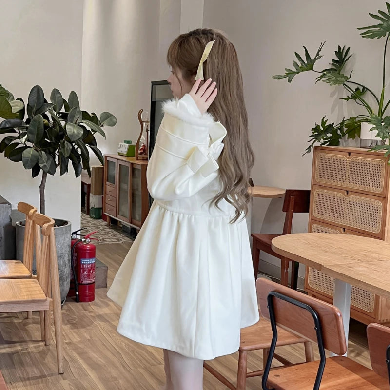 Japan Style Sweet Bow Lolita Woolen Coats Womem Winter Clothes 2024 Thickend Warm Outerwear Jacket Female Fashion Christmas Coat