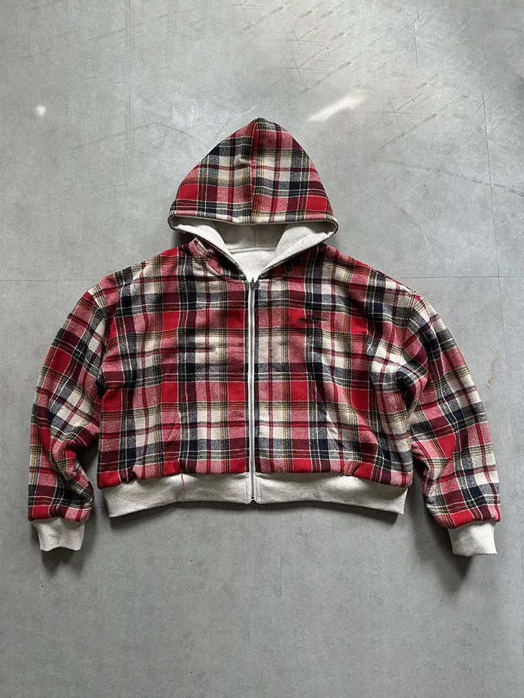 Winter Casual Plaid Print Hoodie Women's Warm Zip-Up Double-Sided Wear Sweatshirt Female Fashion Trendy Loose Hooded