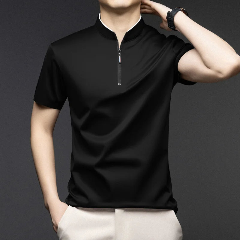2025 New Men's Casual Fashion Zipper Solid Color Short Sleeved Polo Shirt Stand Up Collar Versatile Comfortable Top