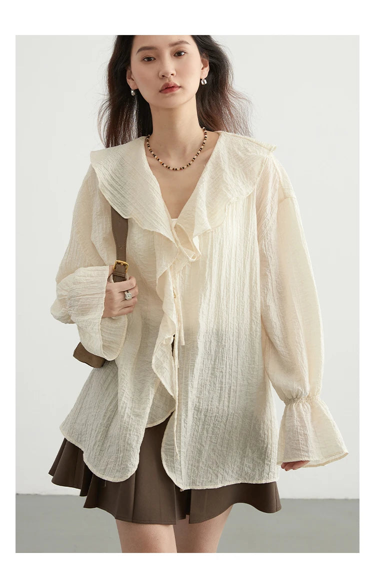 CHIC VEN Women Shirt Loose Casual Ruffled Edges Female Blouses V Neck Lace Up Mid Length Woman Shirts Spring Summer 2026