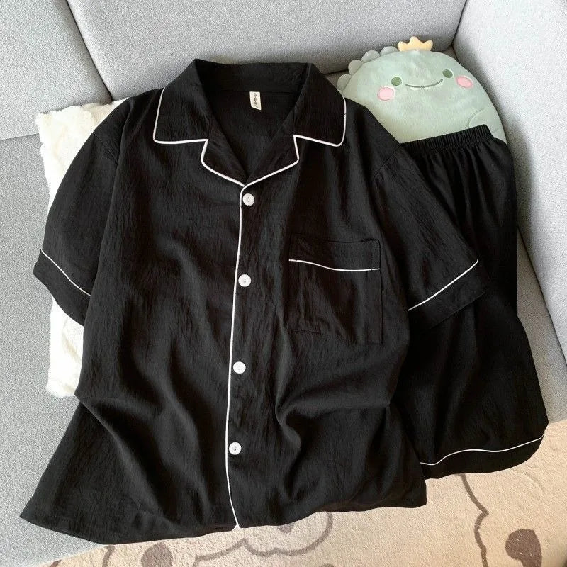 Youth Men's Slim Fit New Pajama Set Solid Color Short Sleeve Lapel Top and Elastic Shorts Pajamas Summer Loungewear Sleepwear