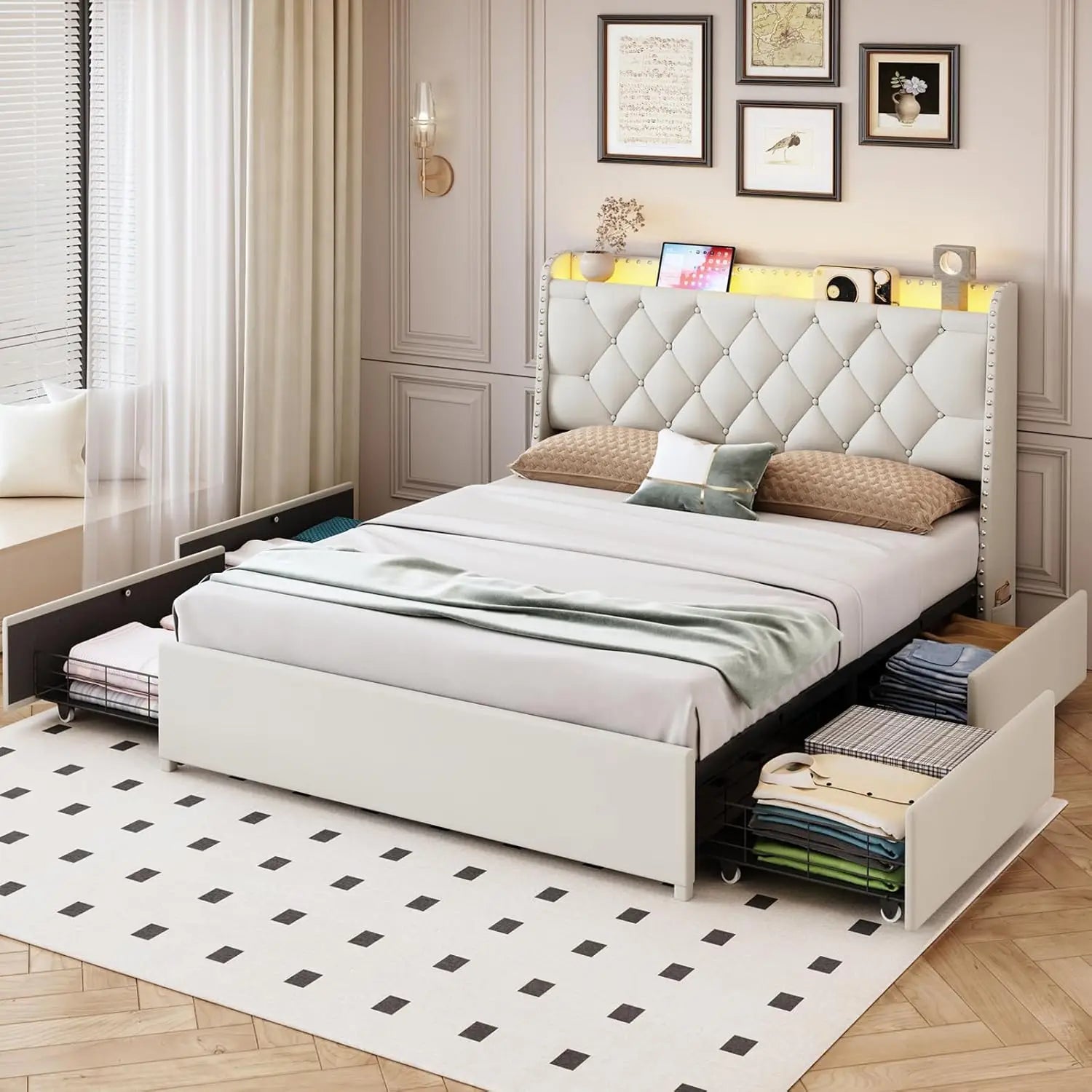Queen Size Bed Frame with 4 Drawers & Storage Headboard, Upholstered Platform Bed with LED Lights & Charging Station, Beige