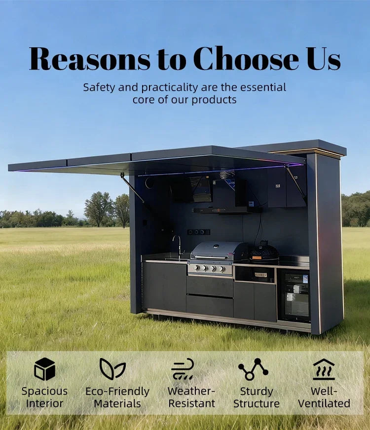 Customized outdoor kitchen in black appearance, affordable cost and stainless steel canopy included