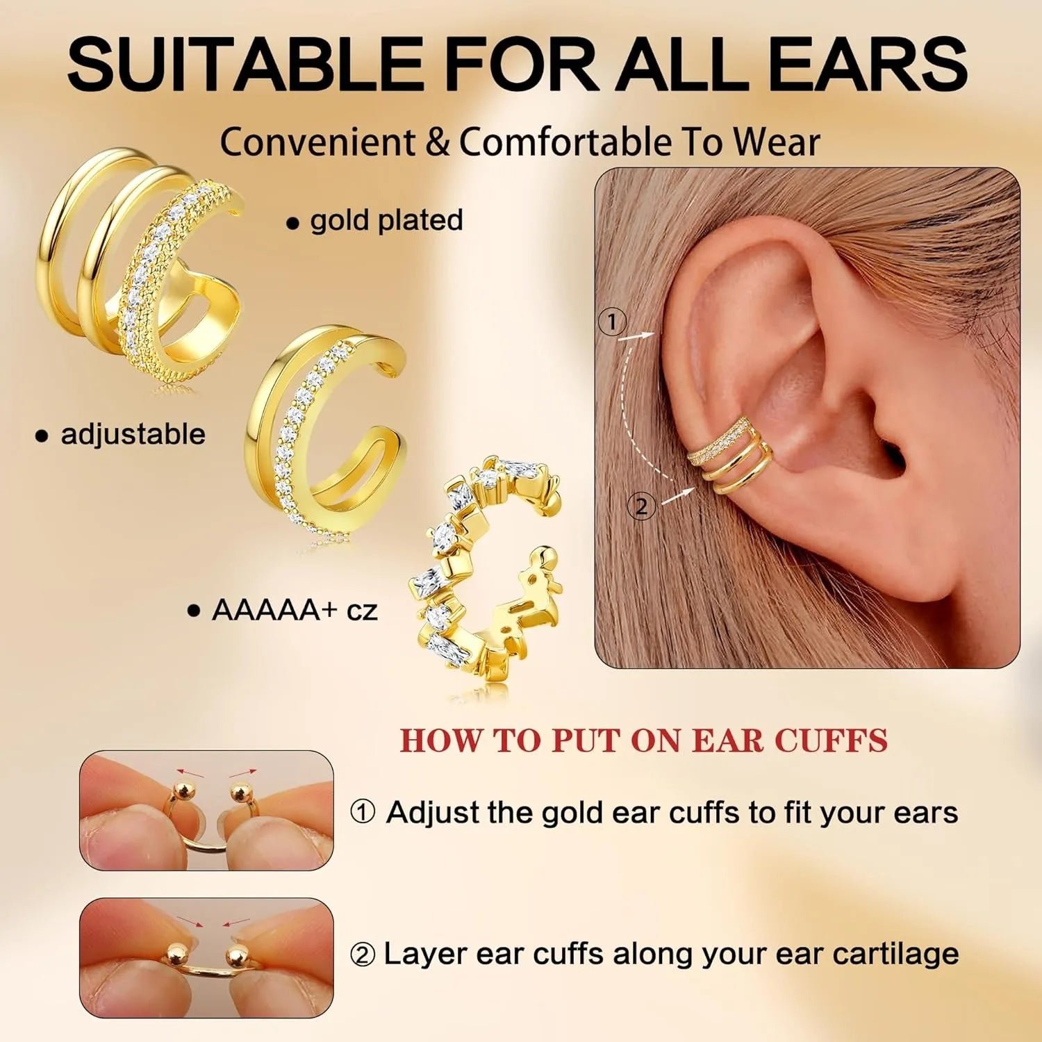 Bobisty 3PCS Ear Cuff Non-Piercing Earrings for Women Cute Clip-On Cartilage Earring 14K Gold Plated Dainty Fake Piercing Earing