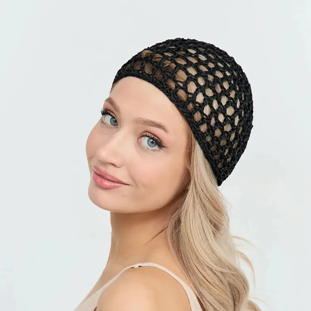 Womens Handmade Mesh Hat Crochet Wig Cap Fashion Solid Color Hair Care Bonnet
