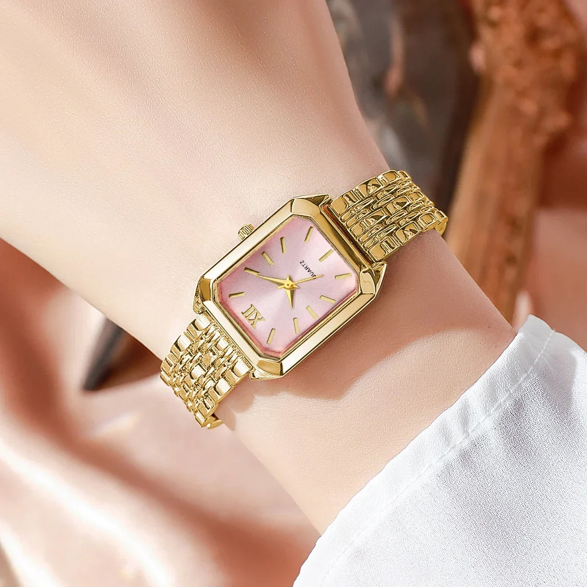 2PCS Fashion Rectangle Women Quartz Watch Rhinestone Bracelet Set Roma Dial Ladies Wristwatches Girls Clock Reloj Mujer