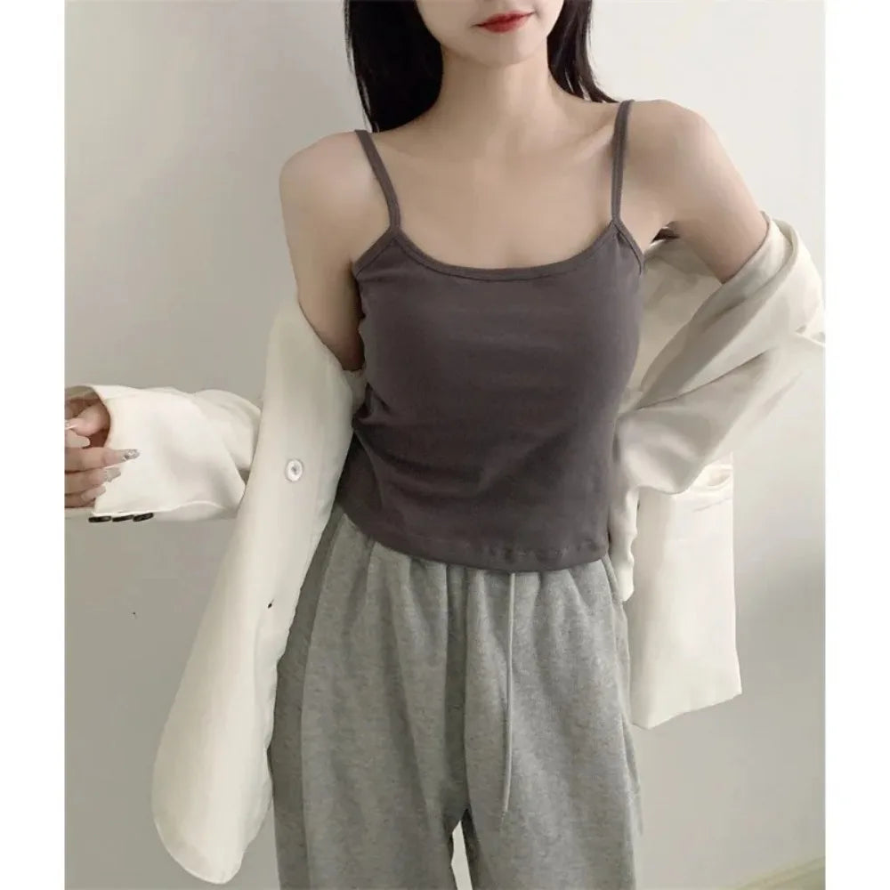 Tank Top Simple Spaghetti Straps Camisole Cotton Korean Style Chest Pad Camisole Solid Color Bottoming Shirt Sling Vest Women