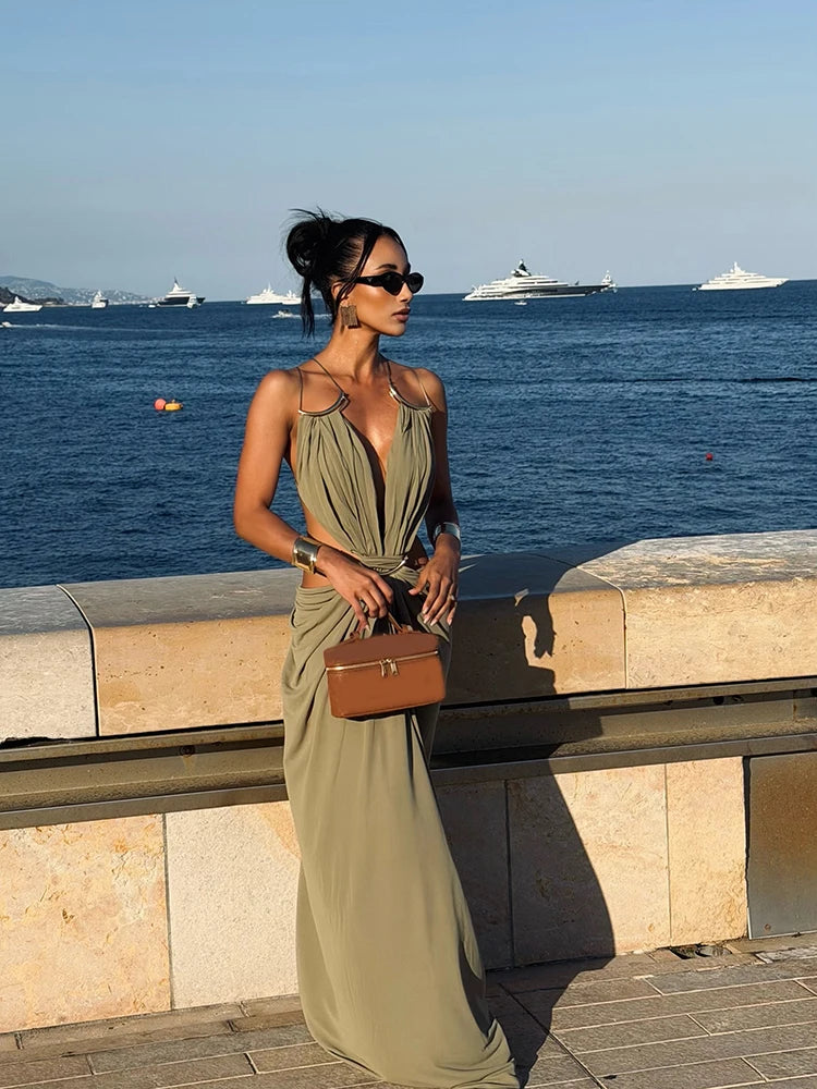 Women's Metal Trim Spaghetti Strap Maxi Dress Sexy Deep V Cutout Waist Crisscross Backless Vestidos Beach Evening Party Gown