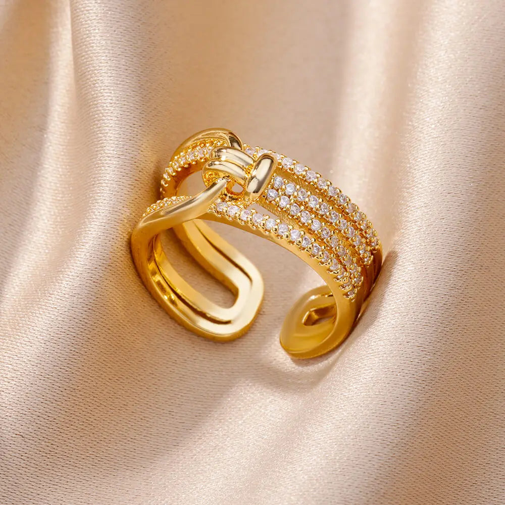 Fashion Chain Hollow Out Rings For Women Gold Color Stainless Steel Zircon Cross Open Ring Trendy Wedding Aesthetic Jewerly Gift