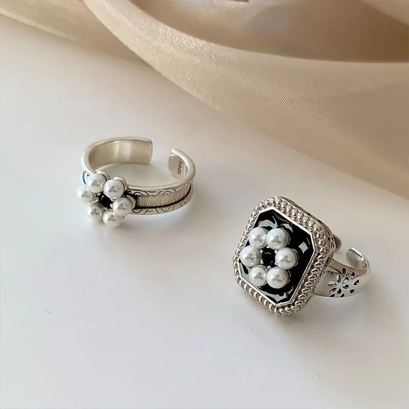 925 Sterling Silver Metal Flower Shell Geometric Rings For Women French Retro Romantic Open Thai