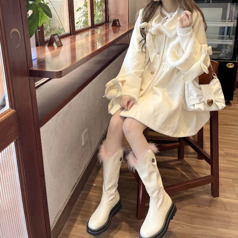 Japan Style Sweet Bow Lolita Woolen Coats Womem Winter Clothes 2024 Thickend Warm Outerwear Jacket Female Fashion Christmas Coat