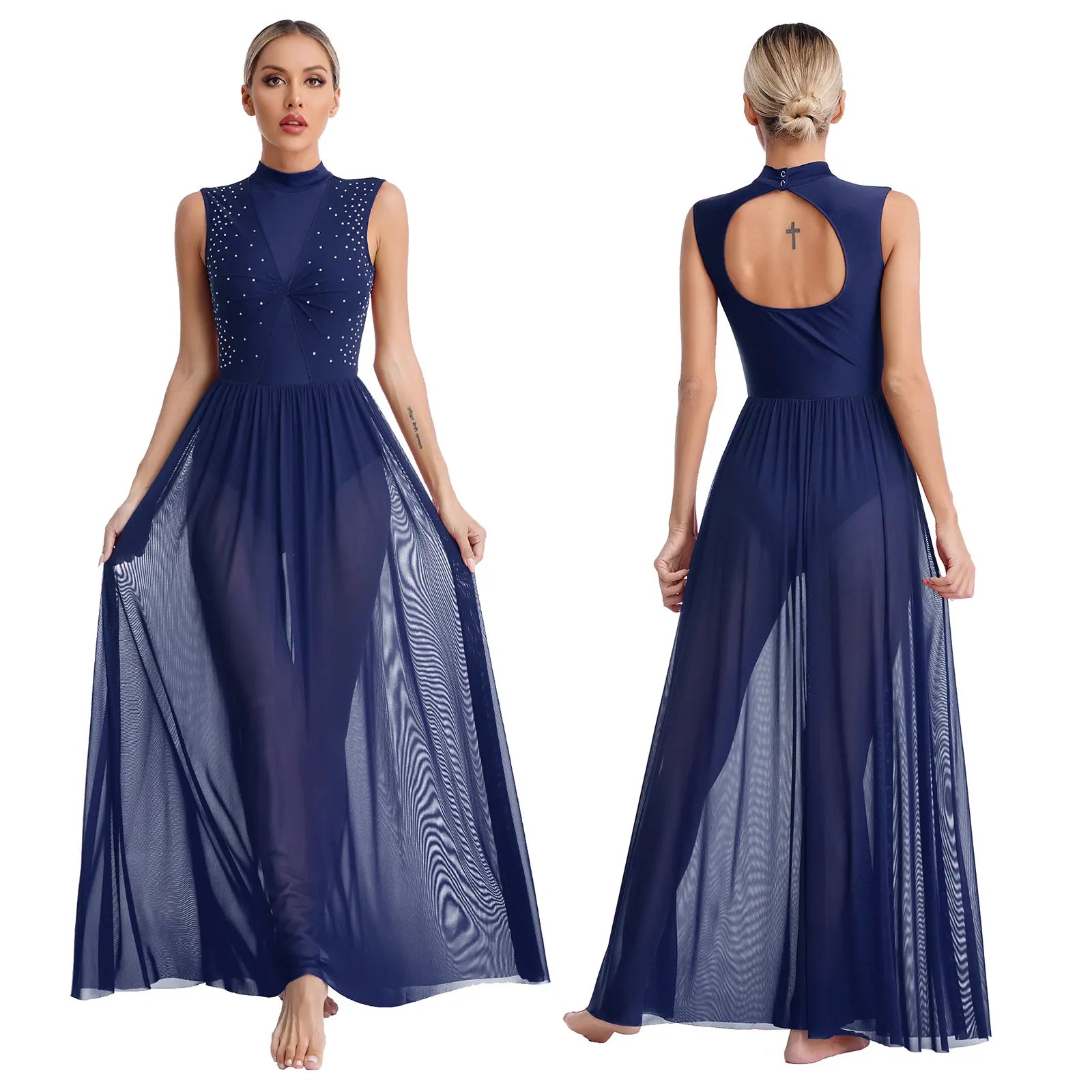 Womens Ballet Lyrical Dance Dress Cutout Back Full Length Overlay Leotard Costume Latin Rumba Tango Maxi Dress Long Dancewear