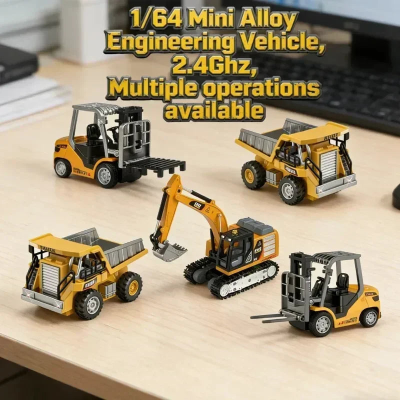 1:64 RC Mini Alloy Car Forklift with Trailer Excavator Desktop Game 2.4G Remote Control Engineering Lift Truck Child's Toy Gifts
