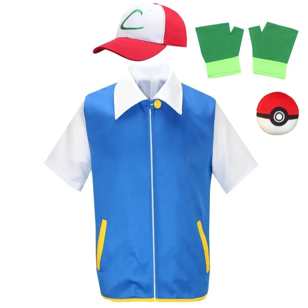 Men Anime Trainer Cosplay Costume Boys Ash Ketchum Adult for Girls Halloween Women Disfraz Party Blue Jacket Cap and Gloves Sets
