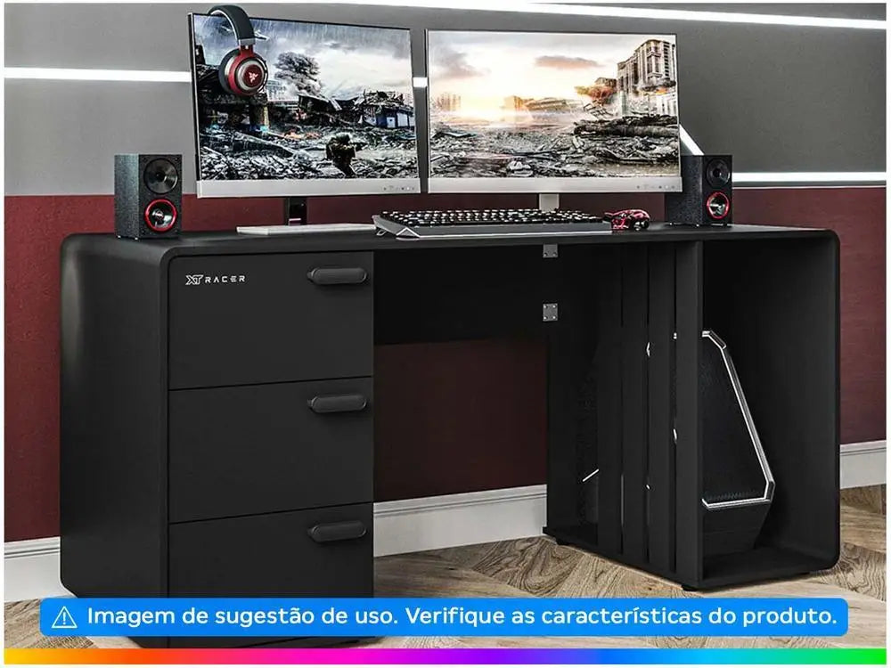 XT Racer Home Gaming Desk in Black and Silver with 3 Drawers and 1 Compartment