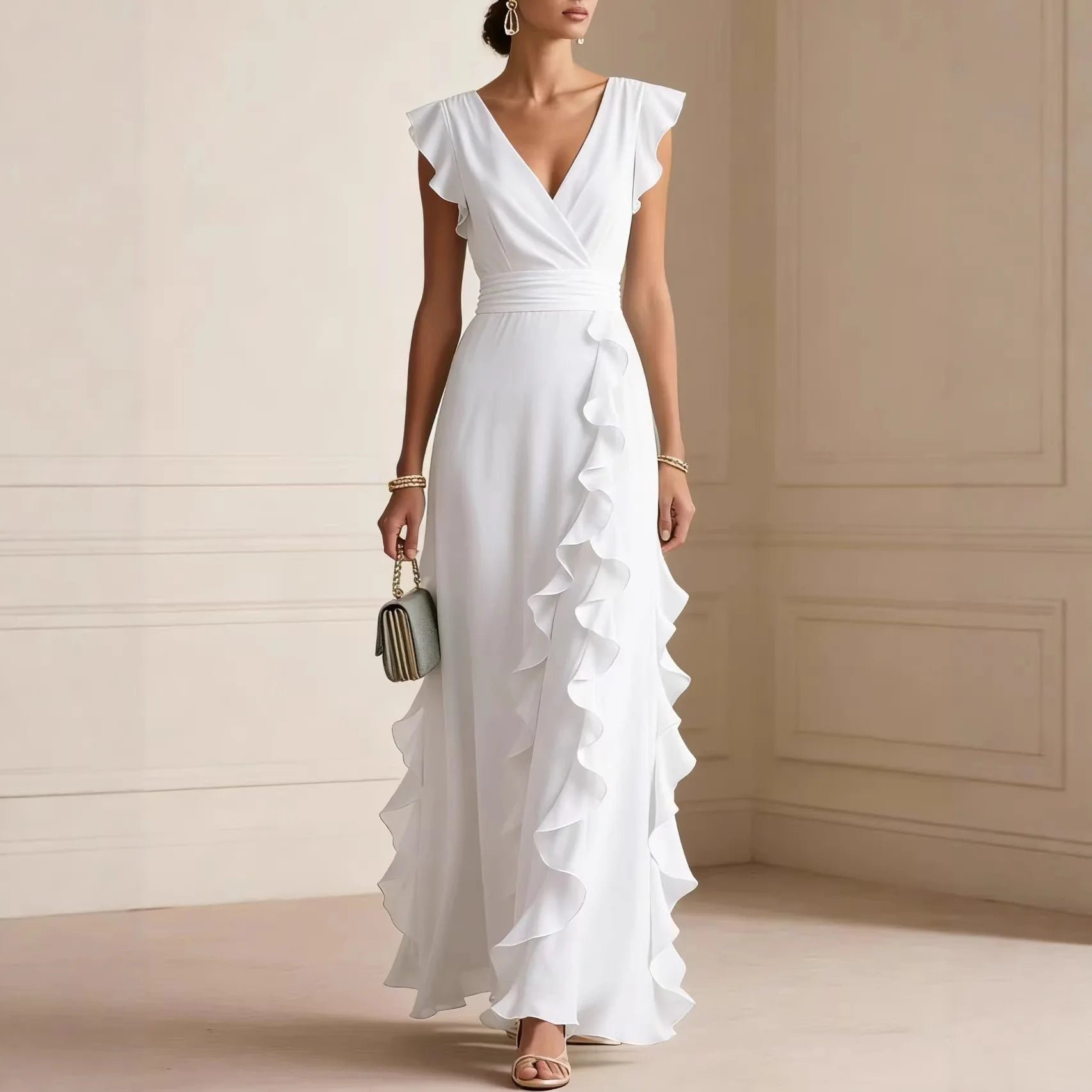 Ruffled Short V-Neck Long Dress Umbrella Skirt Feifei Sleeve For Womem