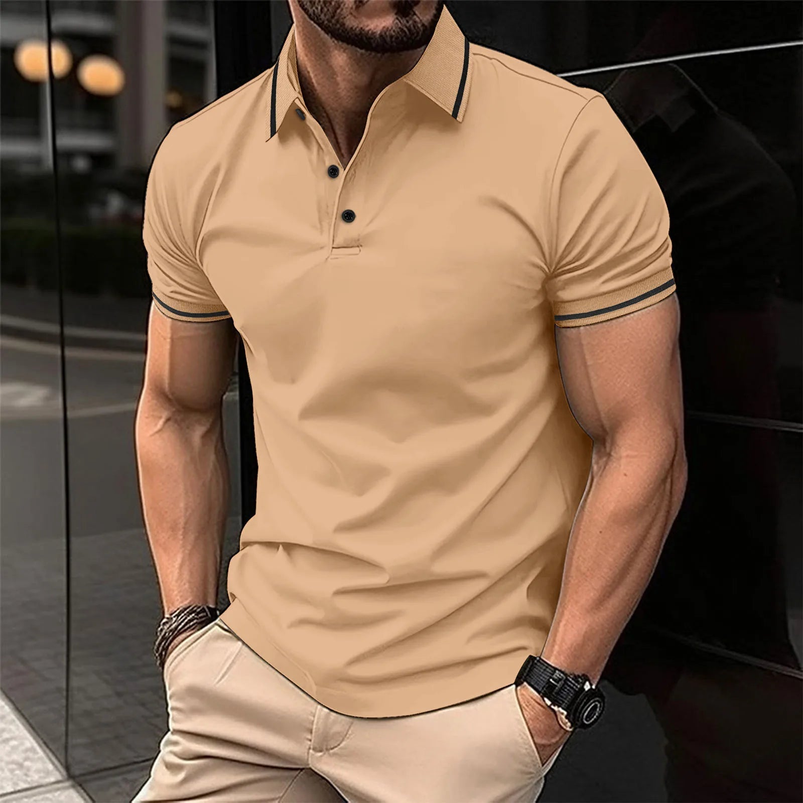 Summer Men'S Shirt, Unbuttoned Ribbed Collar Polo, Sporty Loose Short Sleeves, Basic Style, Comfortable And Breathable, Casual T-Shirt