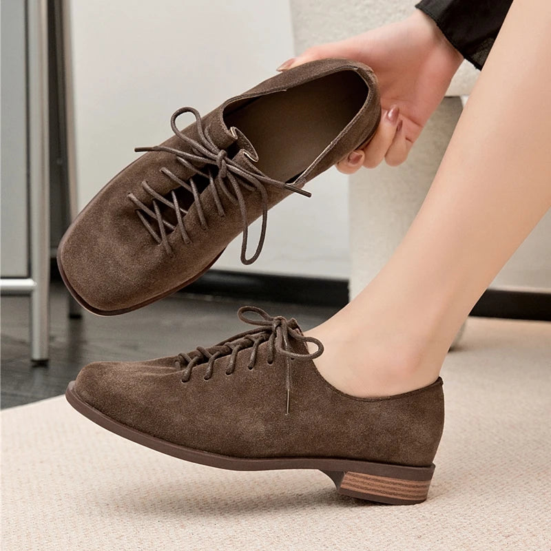 Women Loafer Lace-up 2025 New Spring Shoes Women Suede Genuine Leather Women Oxford Shoes Large Size British Style Women Shoes