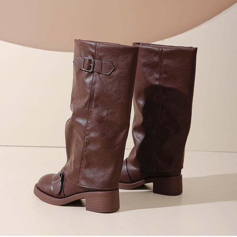 Vintage Thick Heel Women Knee High Boots Fashion Ladies Belt Buckle Knight Long Booties Botas De Inverno Feminina