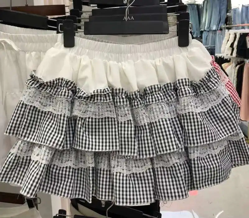 2025 Spring Summer Sweet Cute Lace Patchwork Plaid Cake Short Skirt With Shorts Womem Korean Japan Preppy Style Skirts