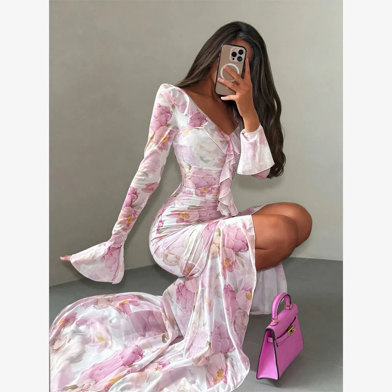 Fashion Organza Floral Printed Maxi Dress V-Neck Puff Sleeve 2026 Spring/Summer Romantic Women Party Gown Elegant Lady Vestido