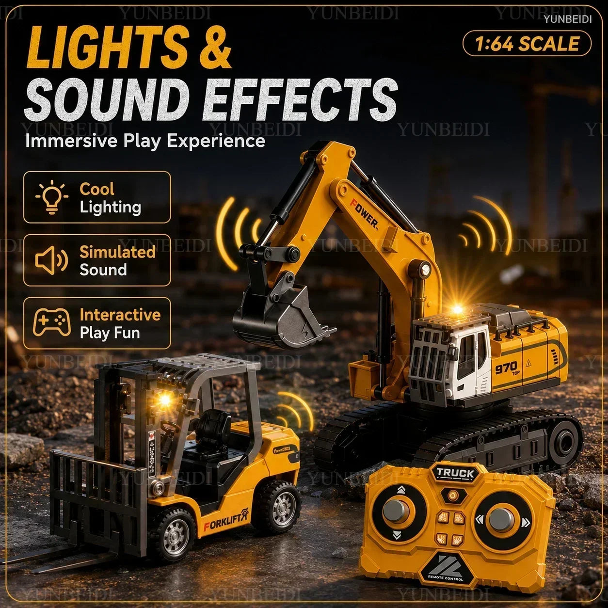 1:64 RC Mini Alloy Car Forklift with Trailer Excavator Desktop Game 2.4G Remote Control Engineering Lift Truck Child's Toy Gifts