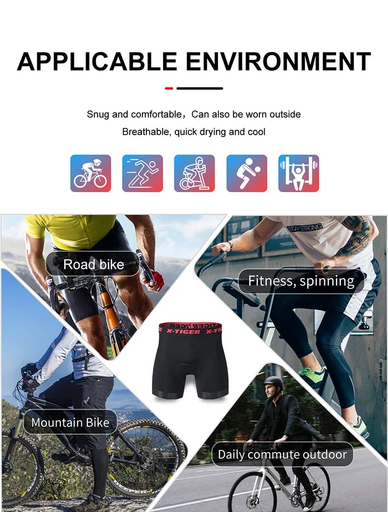 X-TIGER Cycling Underwear Men's Shorts 5D Padded Breathable Sports Riding Bike Bicycle MTB Liner Shorts with Anti-Slip Leg Grips
