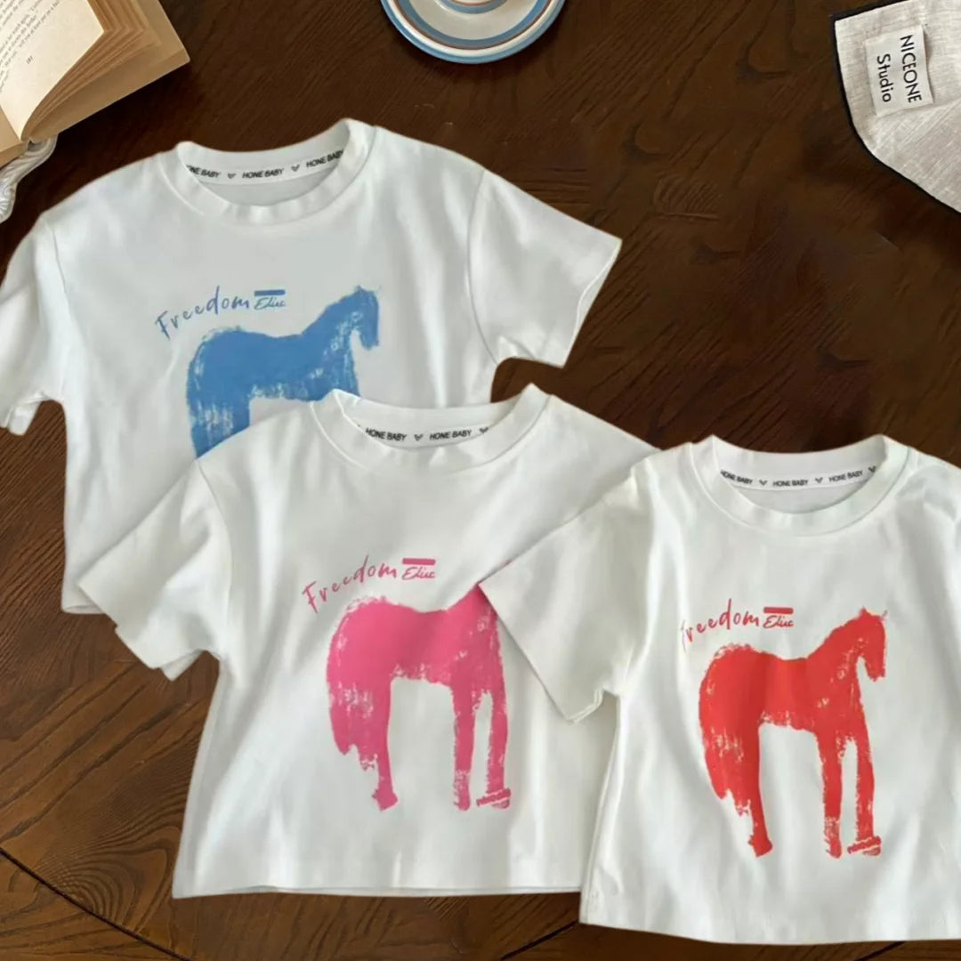 Kids Summer Loose T-Shirt Boys Girls Cartoon Print O-Neck Cotton Short Sleeve Top 1-10Y Children Korean Style Clothes