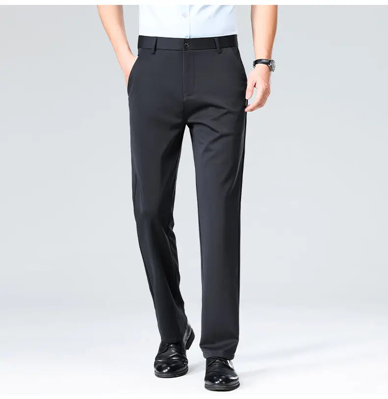 High-stretch fabric men's business trousers suitable for all seasons, featuring an elastic waistband and classic office/work for