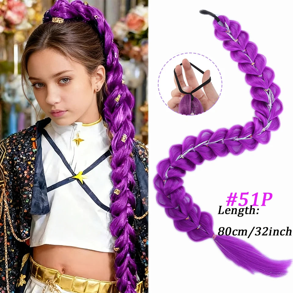 28inch Synthetic Hair Long Braided Purple Hair Ponytail Extensions Rumi Hairstyle Claw Clip Hair Wig for Kids for Chritmas Party