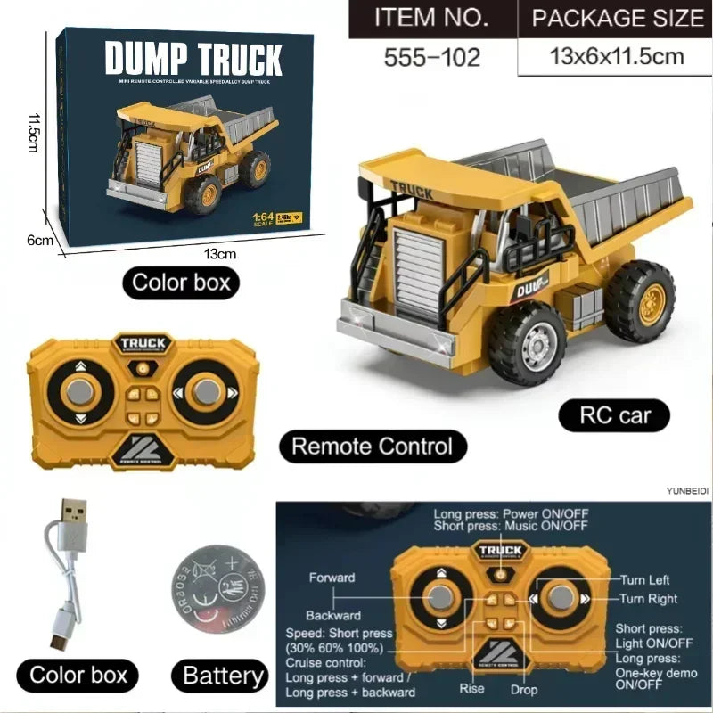 1:64 RC Mini Alloy Car Forklift with Trailer Excavator Desktop Game 2.4G Remote Control Engineering Lift Truck Child's Toy Gifts