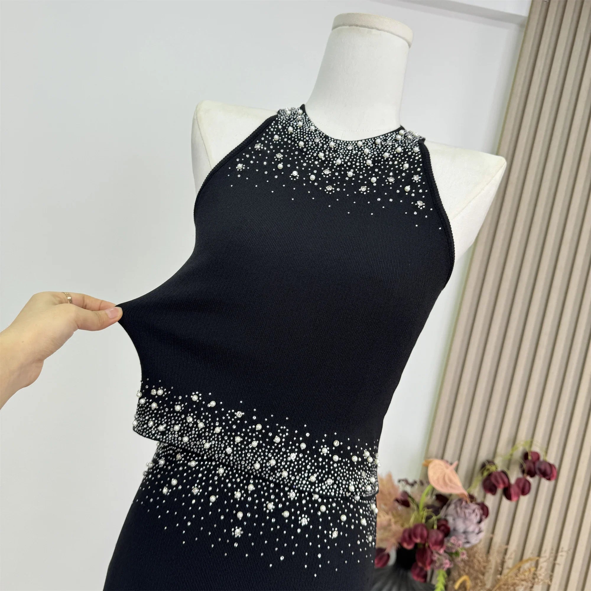 Womem Nail Bead Top + Short Skirt Two Piece Outfit Ensemble Femme High Quality French Luxury Diamonds Knitted 2 Piece Set
