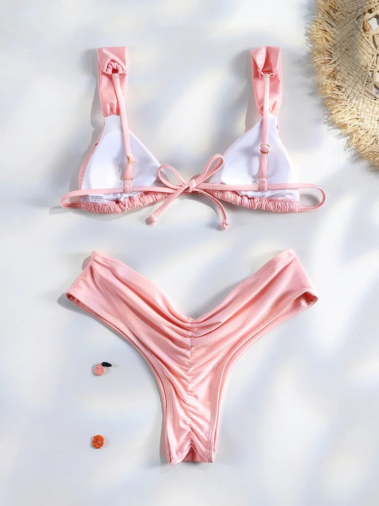 Sexy Folds Bikini Set Solid Micro Bikinis Women Swimsuit Female Triangle Swimwear Beach Wear Bathing Suit
