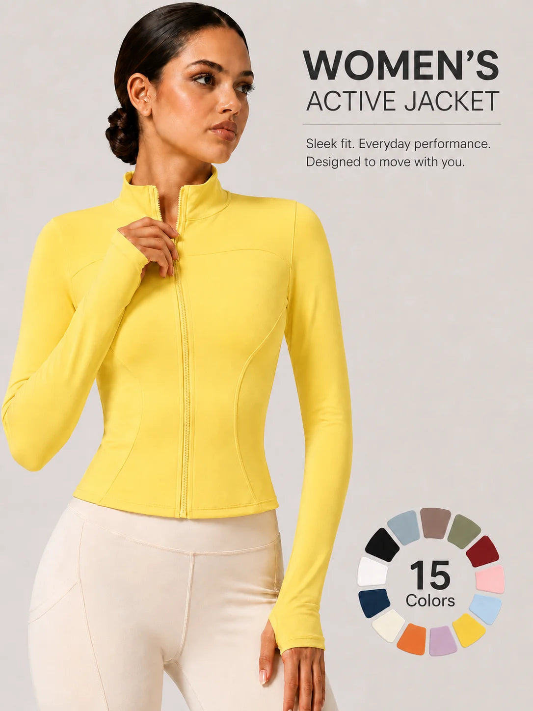 Women's Full-Zip Yoga Jacket, Slim Fit Long Sleeve Athletic Top with Thumb Holes, Lightweight Stretchy Workout Jacket for Runnin