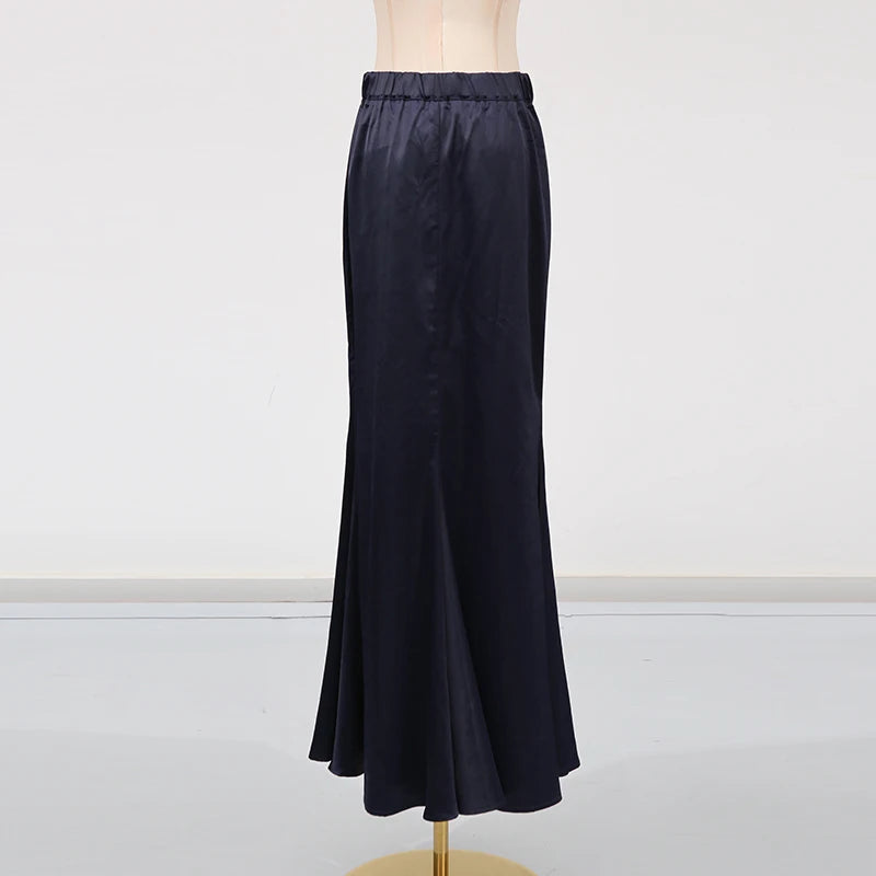 VGH Chic Two Piece Sets for Women Stand Collar Short Sleeves Spliced Pocket Tweed Top High Waist Maxi Skirts Vintage Suit Female
