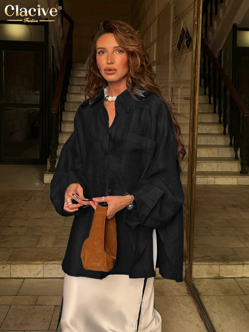 Clacive Fashion Loose Blue Women's Blouse 2025 Sexy Lapel Long Sleeve Shirt Elegant Classic Solid Blusas Tops Female Clothing