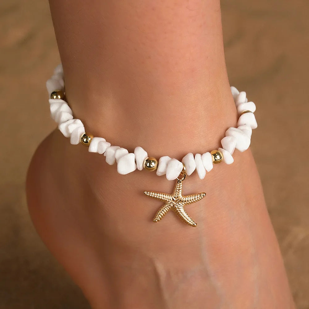 White Turquoise Beaded Chain Starfish Pendant Ankle Summer Bracelet Charm Sandals Barefoot Beach Foot Bridal Jewelry