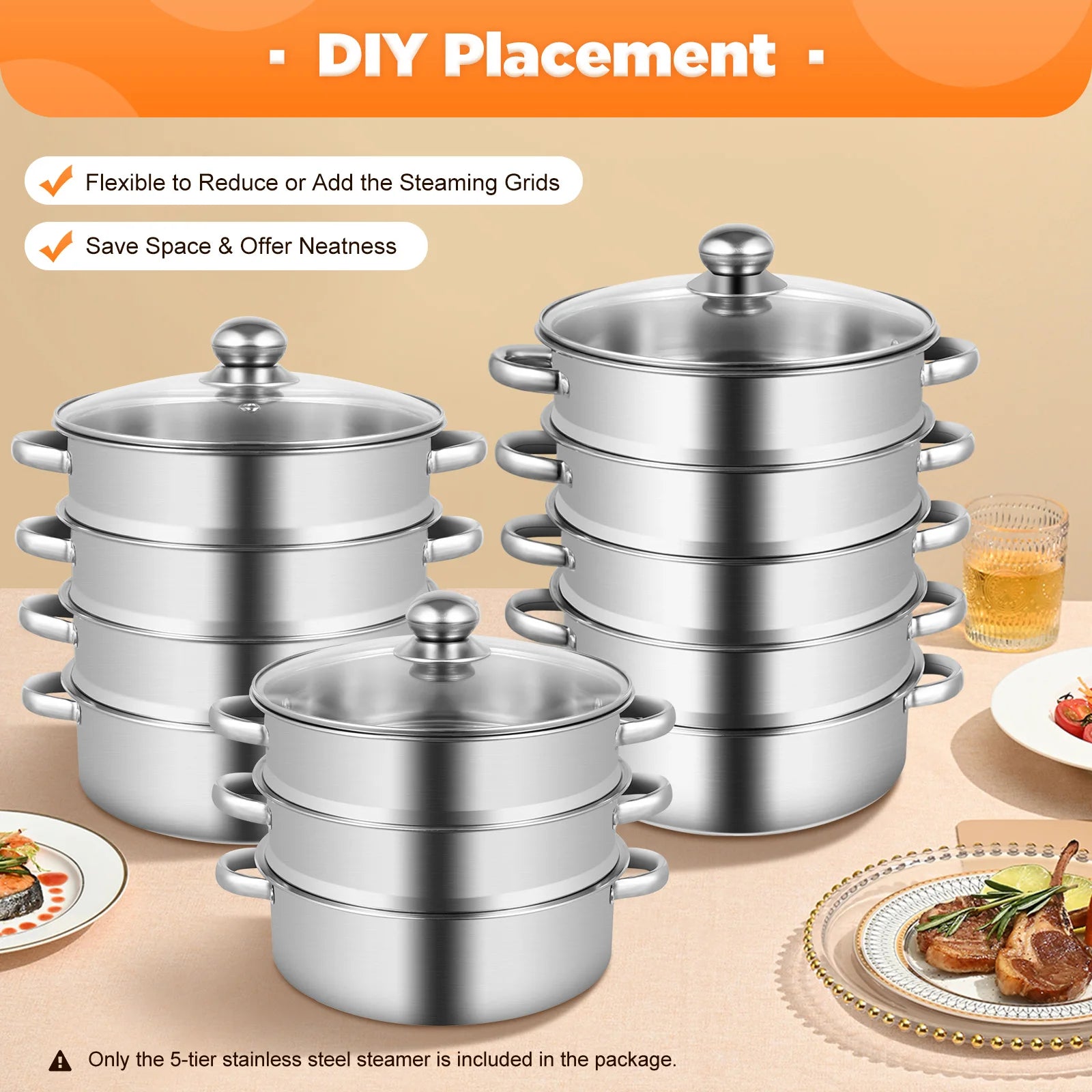 5-Layer Steamer 26cm/28cm/30cm Steam Cooker 304 Food-Grade Stainless Steel 4 Steaming Grids and 1 Cooking Pot W/ Glass Lid