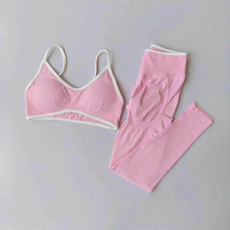 2PCS High Waisted Sports Bra Set with Contrasting Small Suspender Tight Fitting Hip Lifting Training Bra And Pants