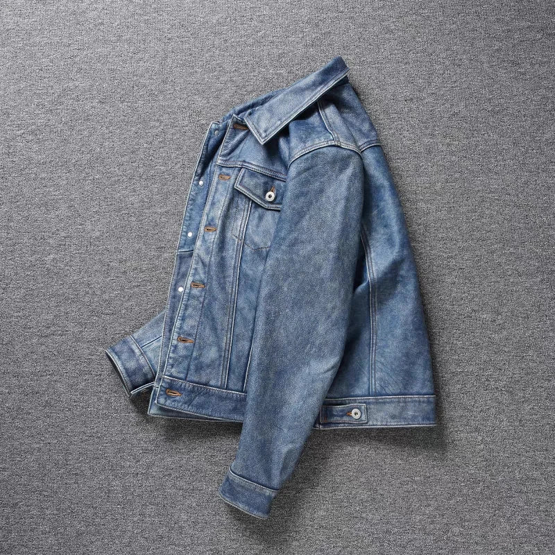 Men's Motorcycle Leather Jacket Light Blue Ami Khaki Retro Graphite Distressed Denim Genuine Leather Jacket Slim Short Jacket