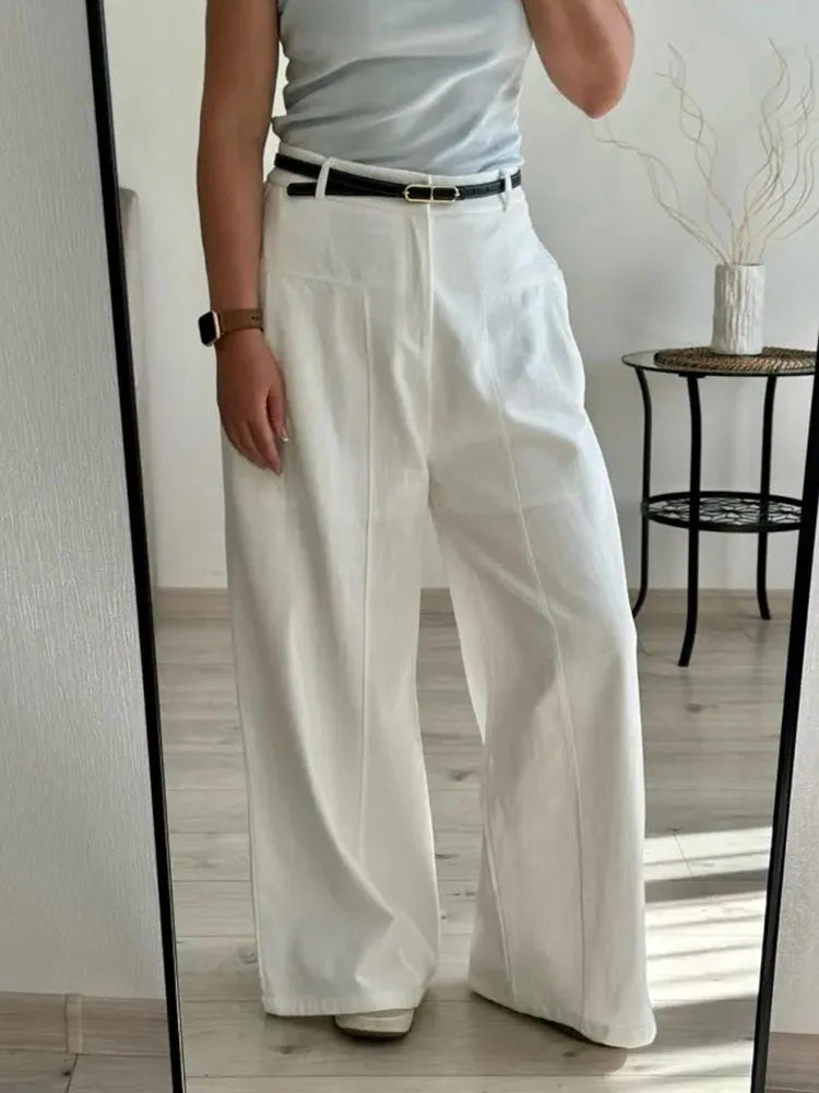 Summer White Pants For Women Cotton Formal High Waist Wide Leg Trousers Ladies Elegant Summer Women's Pants Straight Leg Office