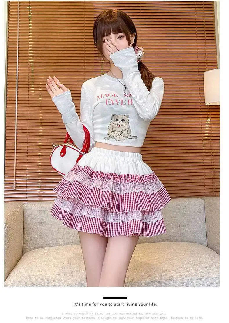 2025 Spring Summer Sweet Cute Lace Patchwork Plaid Cake Short Skirt With Shorts Womem Korean Japan Preppy Style Skirts