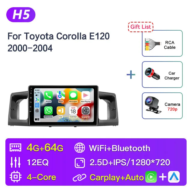 Car Stereo Radio Multimedia Player For Toyota Corolla E130 E120 2000 2001 2002 2003 2004 GPS Carplay Android Auto 2din Head Unit