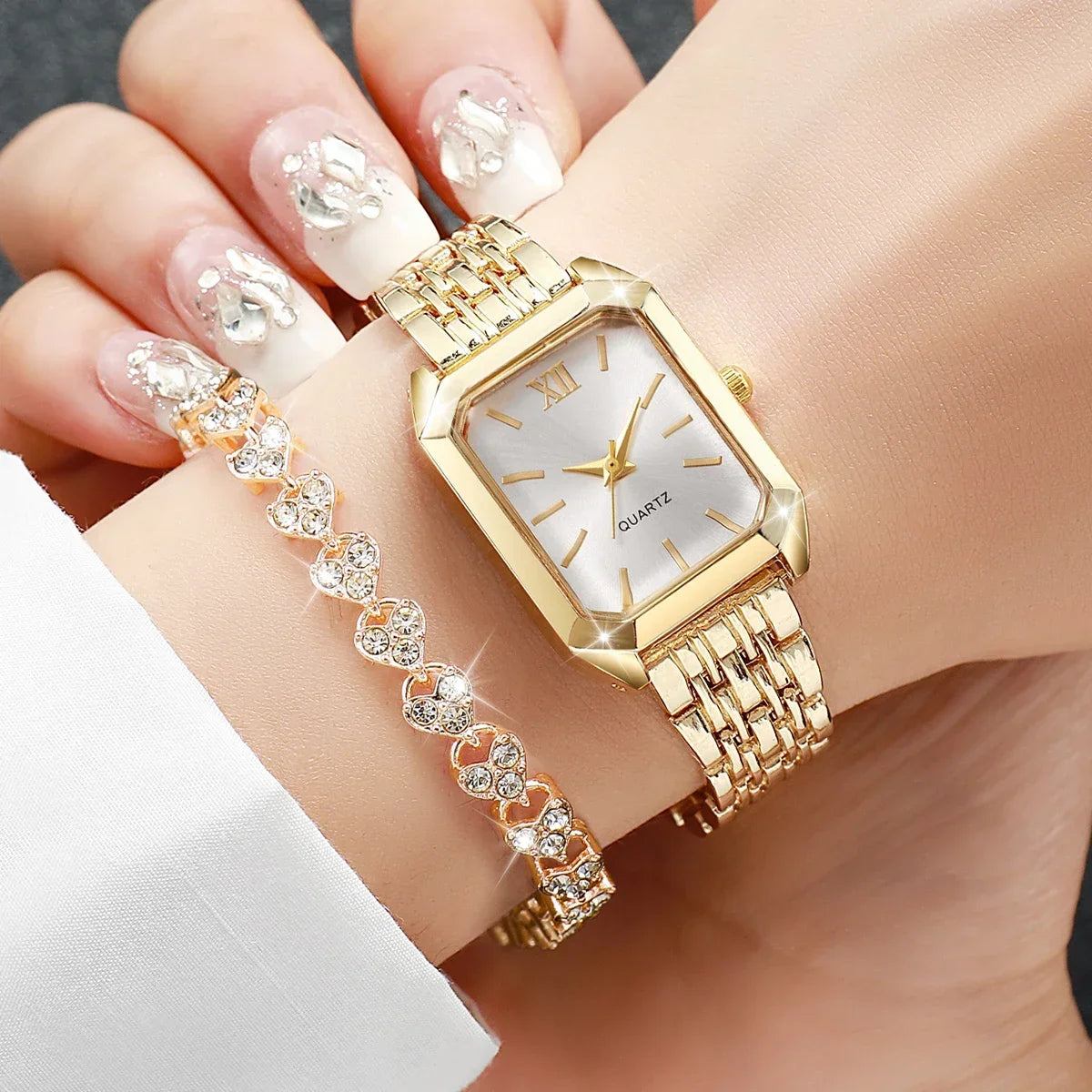 2PCS Fashion Rectangle Women Quartz Watch Rhinestone Bracelet Set Roma Dial Ladies Wristwatches Girls Clock Reloj Mujer